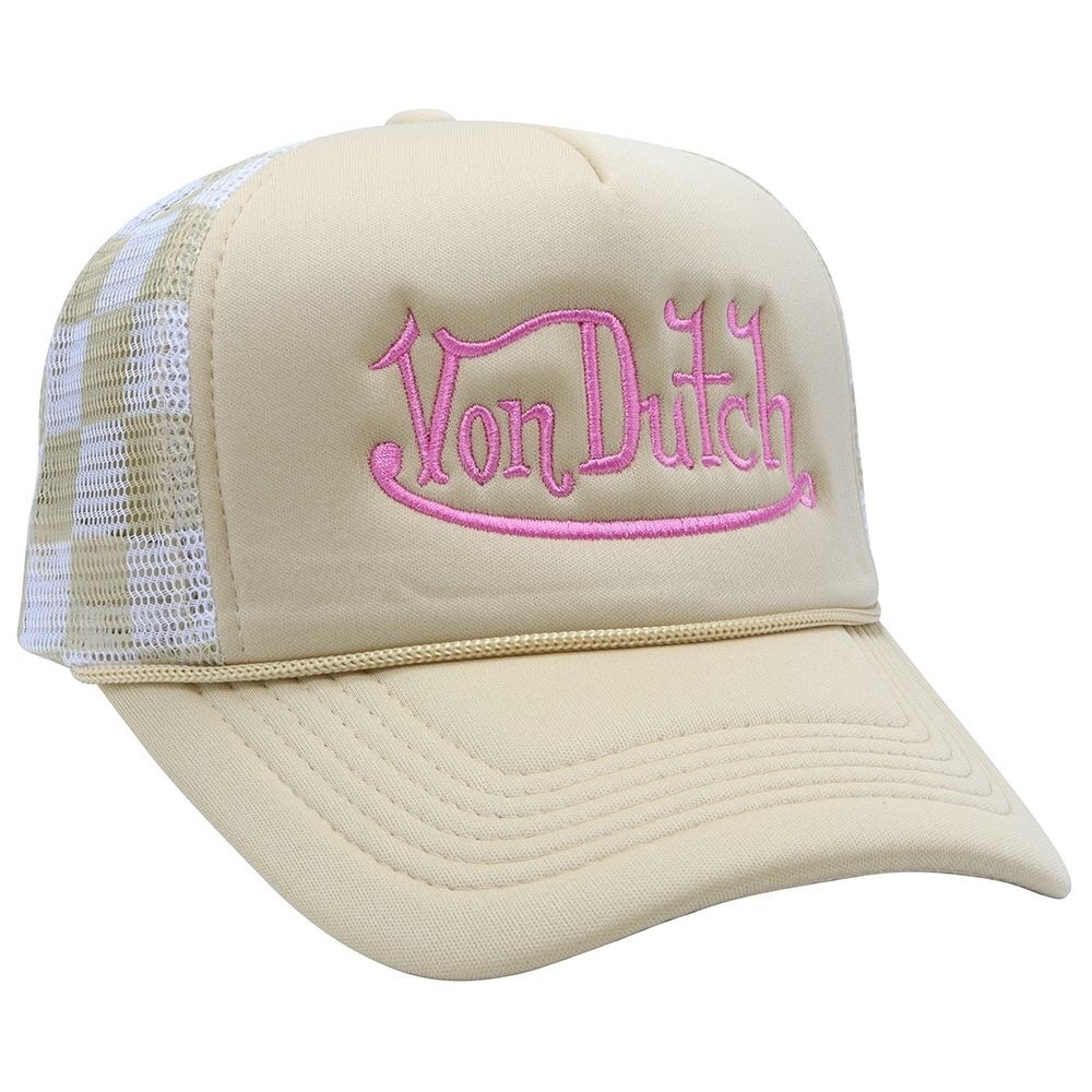 Von Dutch Cream Trucker Hat with Pink Embroidered Logo